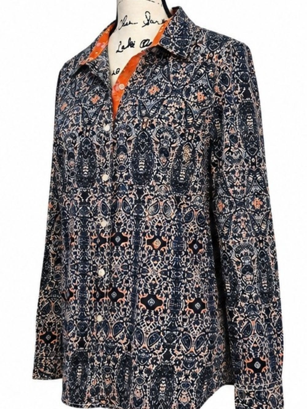 Joe Fresh XL Paisley 100% Cotton Button Down Navy Orange Boho Eclectic Indie Art